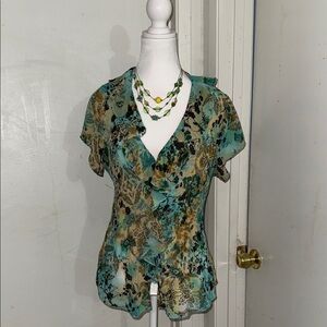 Blue and Brown Flutter Sleeve Ruffled Blouse